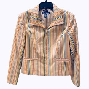 Retro 70s Striped Multicolor Zip Blazer Evan Picone Tan Yellow Orange 12